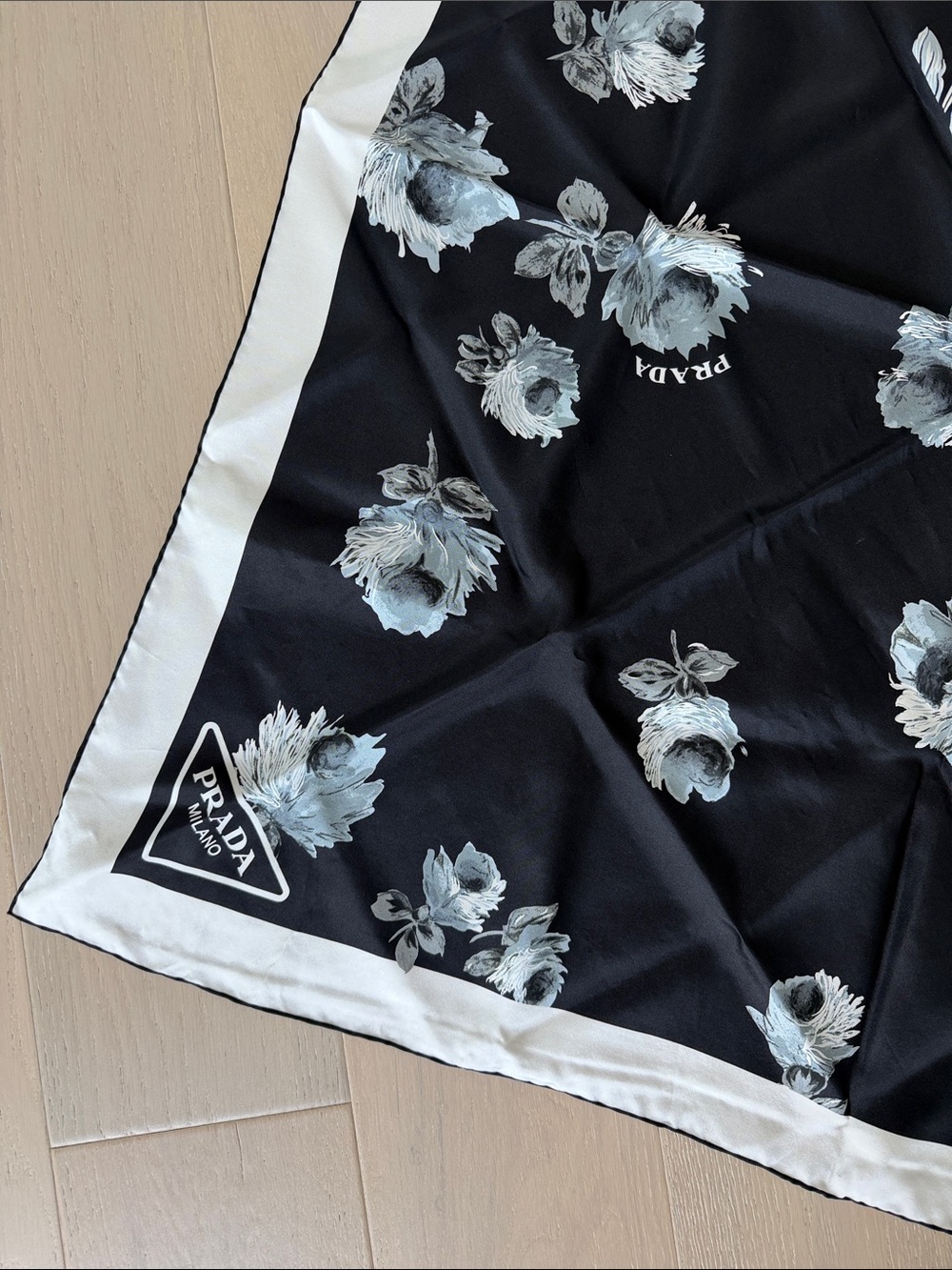 Prada Black Silk Scarf with White Floral Print